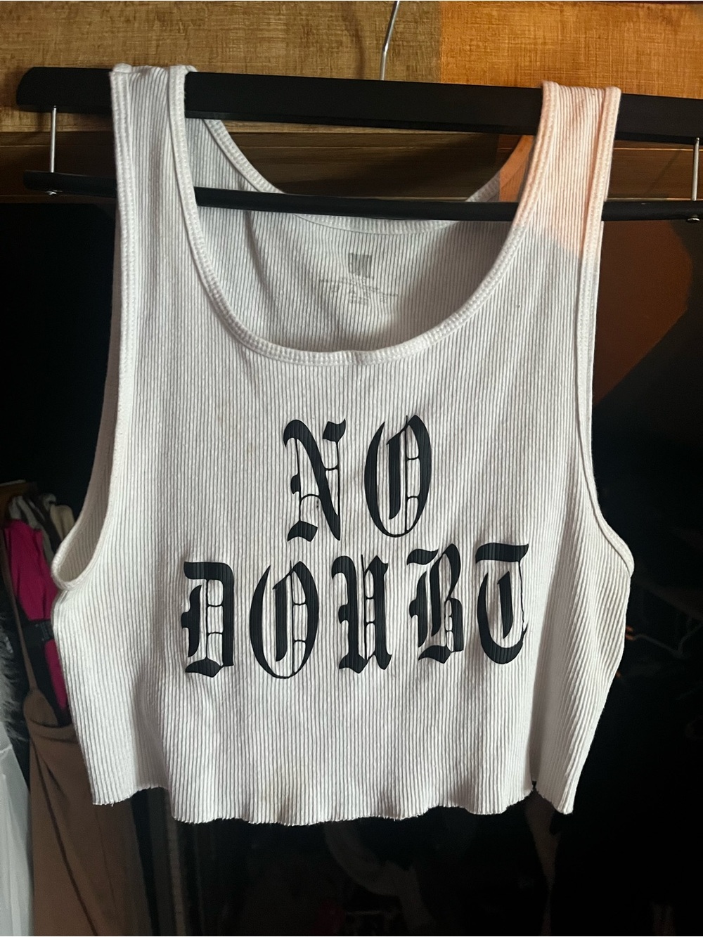 White Ribbed Cropped Tank Top with Black Gothic 'NO DOUBT' Print